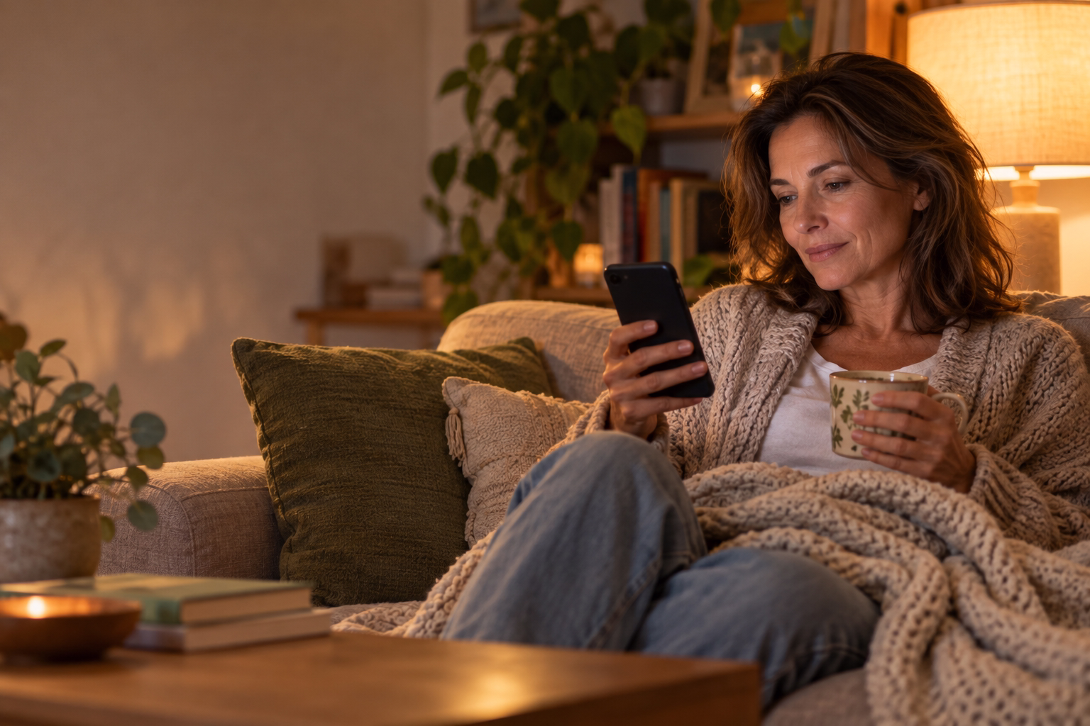 KI-generiertes Bild: Frau googelt abends auf dem Sofa eine Energetikerin und liest Bewertungen