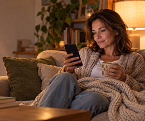 KI-generiertes Bild: Frau googelt abends auf dem Sofa eine Energetikerin und liest Bewertungen